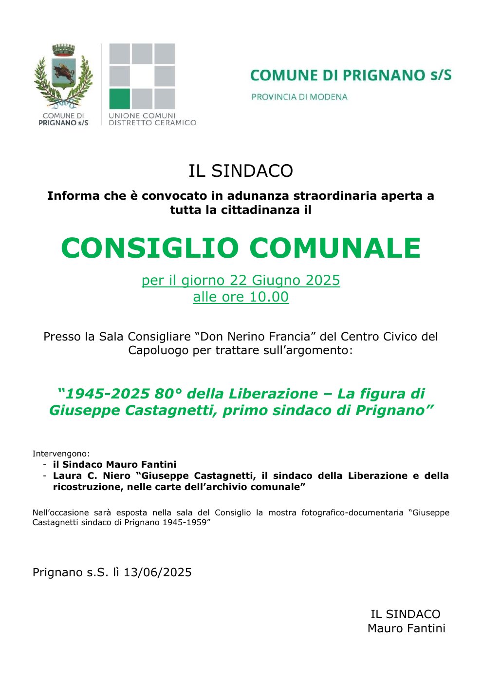 Documento del Consiglio comunale dedicato a Giuseppe Castagnetti nel 2025